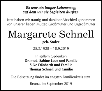 Traueranzeige von Margarete Schnell von Super Sonntag Merseburg/Querfurt
