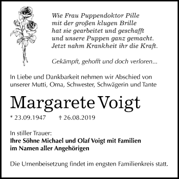 Traueranzeige von Margarete Voigt von Wochenspiegel Naumburg/Nebra