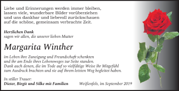 Traueranzeige von Margarita Winther von Wochenspiegel Weißenfels