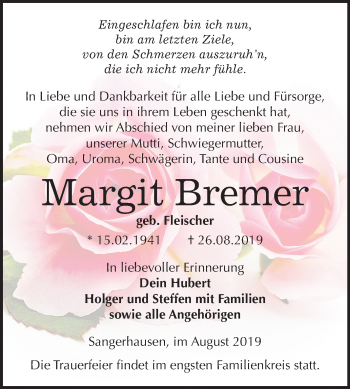 Traueranzeige von Margit Bremer von Wochenspiegel Sangerhausen