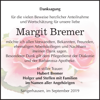 Traueranzeige von Margit Bremer von Wochenspiegel Sangerhausen