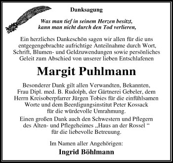 Traueranzeige von Margit Puhlmann von Mitteldeutsche Zeitung Dessau-Roßlau