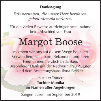 Traueranzeige von Margot Boose von Mitteldeutsche Zeitung Sangerhausen