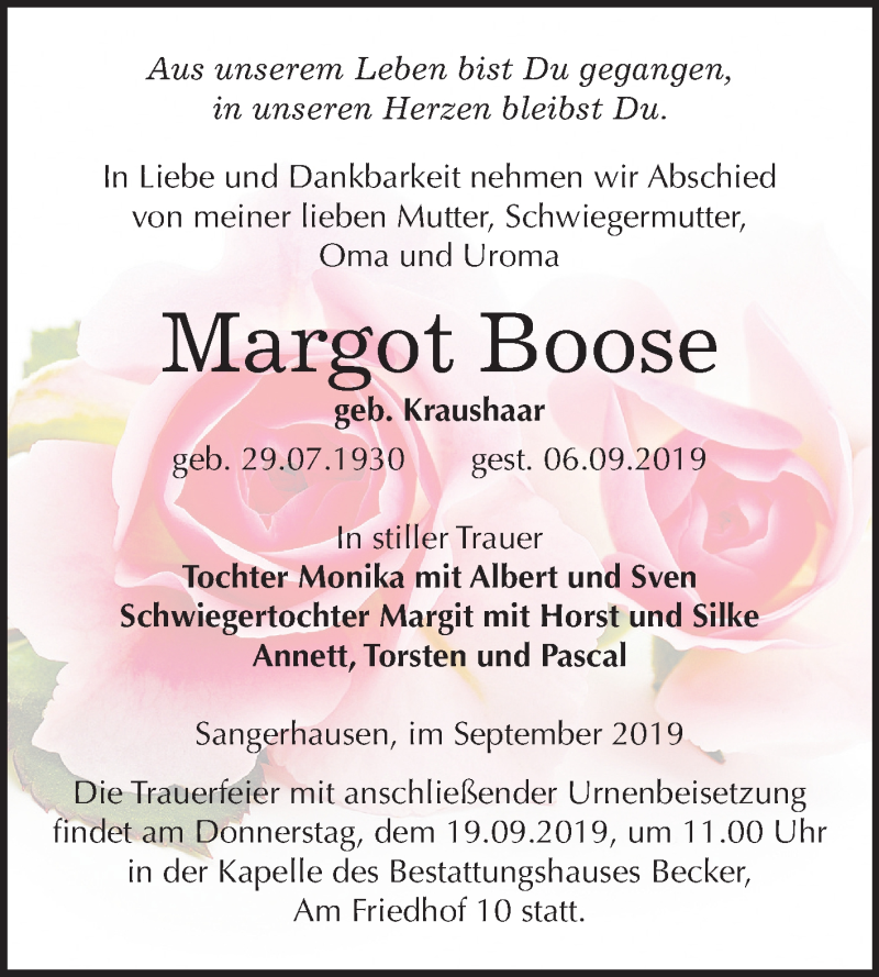  Traueranzeige für Margot Boose vom 13.09.2019 aus Mitteldeutsche Zeitung Sangerhausen