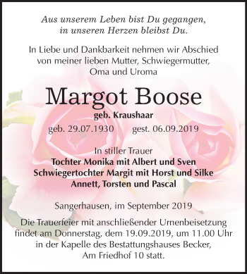 Traueranzeige von Margot Boose von Mitteldeutsche Zeitung Sangerhausen