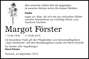 Traueranzeige von Margot Förster von Mitteldeutsche Zeitung Wittenberg