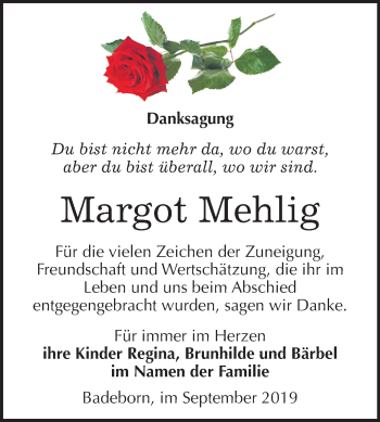 Traueranzeige von Margot Mehlig von Super Sonntag Quedlinburg