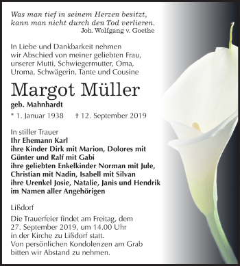 Traueranzeige von Margot Müller von Mitteldeutsche Zeitung Naumburg/Nebra