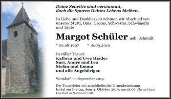 Traueranzeige von Margot Schüler von Mitteldeutsche Zeitung Aschersleben