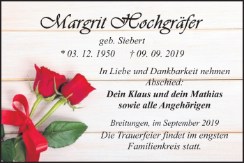 Traueranzeige von Margrit Hochgräfer von Mitteldeutsche Zeitung Sangerhausen