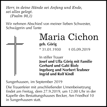 Traueranzeige von Maria Cichon von Mitteldeutsche Zeitung Sangerhausen