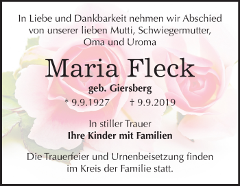 Traueranzeige von Maria Fleck von Mitteldeutsche Zeitung Köthen