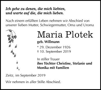Traueranzeige von Maria Plotek von Super Sonntag Zeitz