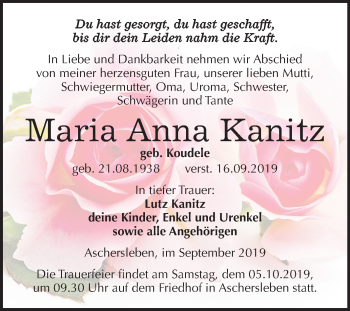Traueranzeige von Maria Anna Kanitz von Super Sonntag Aschersleben
