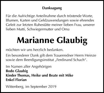 Traueranzeige von Marianne Glaubig von Super Sonntag Wittenberg