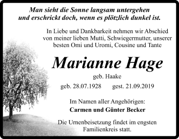 Traueranzeige von Marianne Hage von Mitteldeutsche Zeitung Quedlinburg