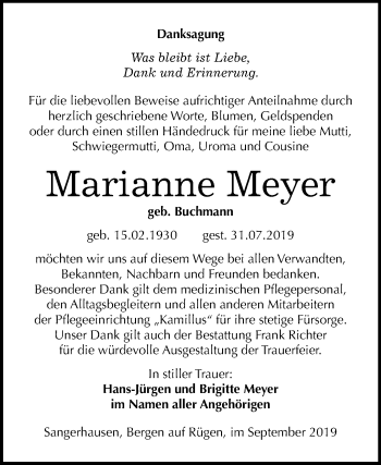 Traueranzeige von Marianne Meyer von Super Sonntag Sangerhausen
