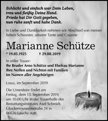 Traueranzeige von Marianne Schütze von Wochenspiegel Naumburg/Nebra
