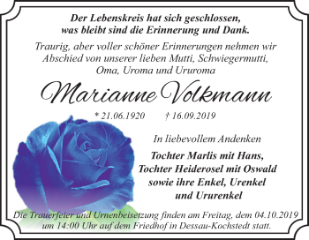 Traueranzeige von Marianne Volkmann von Mitteldeutsche Zeitung Dessau-Roßlau