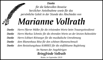 Traueranzeige von Marianne Vollrath von Super Sonntag Quedlinburg