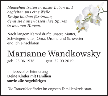 Traueranzeige von Marianne Wandkowsky von Mitteldeutsche Zeitung Mansfelder Land