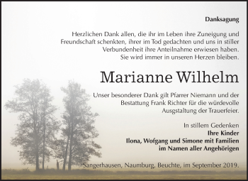 Traueranzeige von Marianne Wilhelm von Mitteldeutsche Zeitung Sangerhausen