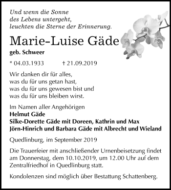 Traueranzeige von Marie-Luise Gäde von Super Sonntag Quedlinburg