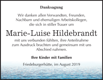 Traueranzeige von Marie-Luise Hildebrandt von Wochenspiegel Mansfelder Land