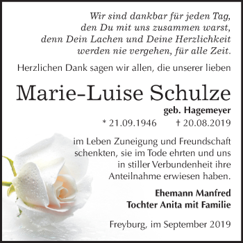 Traueranzeige von Marie-Luise Schulze von Mitteldeutsche Zeitung Naumburg/Nebra