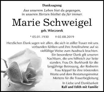 Traueranzeige von Marie Schweigel von Wochenspiegel Naumburg/Nebra