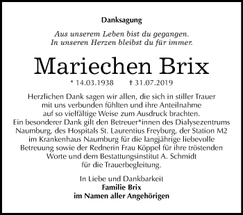 Traueranzeige von Mariechen Brix von Wochenspiegel Naumburg/Nebra