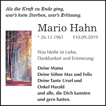 Traueranzeige von Mario Hahn von Mitteldeutsche Zeitung Halle/Saalkreis
