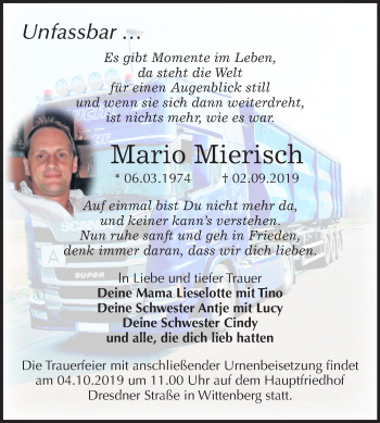 Traueranzeige von Mario Mierisch von Mitteldeutsche Zeitung Wittenberg