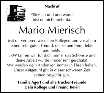 Traueranzeige von Mario Mierisch von Super Sonntag Wittenberg