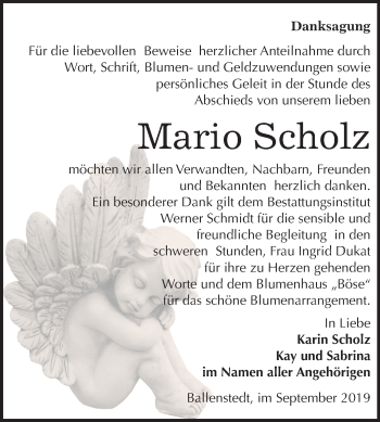 Traueranzeige von Mario Scholz von Mitteldeutsche Zeitung Quedlinburg