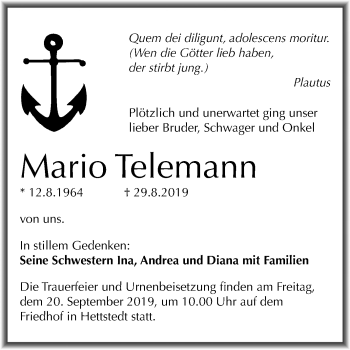 Traueranzeige von Mario Telemann von Mitteldeutsche Zeitung Mansfelder Land