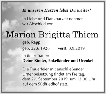 Traueranzeige von Marion Brigitta Thiem von Mitteldeutsche Zeitung Halle/Saalkreis