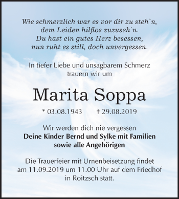 Traueranzeige von Marita Soppa von Wochenspiegel Bitterfeld
