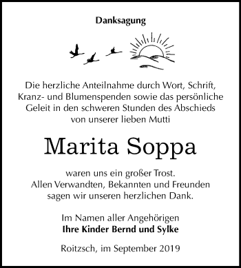 Traueranzeige von Marita Soppa von Wochenspiegel Bitterfeld