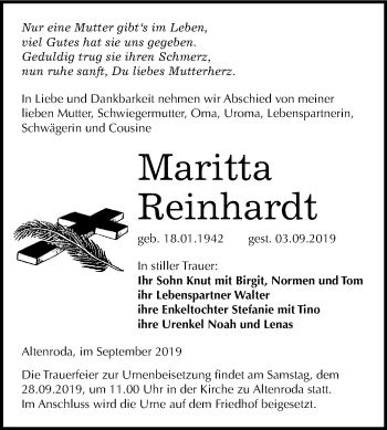 Traueranzeige von Maritta Reinhardt von Mitteldeutsche Zeitung Naumburg/Nebra