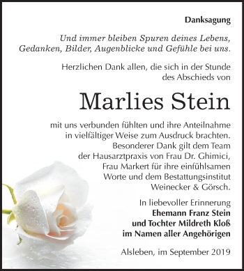 Traueranzeige von Marlies Stein von Super Sonntag Bernburg
