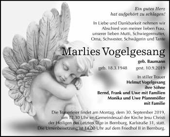 Traueranzeige von Marlies Vogelgesang von Mitteldeutsche Zeitung Bernburg