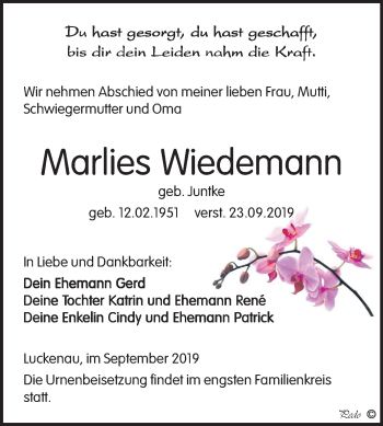 Traueranzeige von Marlies Wiedemann von Mitteldeutsche Zeitung Zeitz