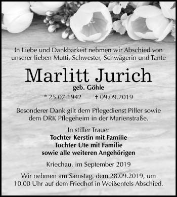 Traueranzeige von Marlitt Jurich von Mitteldeutsche Zeitung Weißenfels
