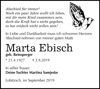 Traueranzeige von Marta Ebisch von Wochenspiegel Weißenfels
