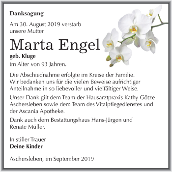 Traueranzeige von Marta Engel von Mitteldeutsche Zeitung Aschersleben