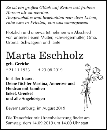 Traueranzeige von Marta Eschholz von Super Sonntag Sangerhausen