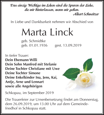 Traueranzeige von Marta Linck von Super Sonntag Merseburg/Querfurt