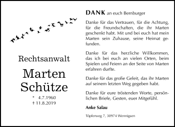 Traueranzeige von Marten Schütze von Mitteldeutsche Zeitung Bernburg