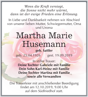 Traueranzeige von Martha Marie Husemann von Mitteldeutsche Zeitung Halle/Saalkreis